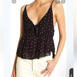 Free People Intimately Riviera Romance Tie Cami Top Tank Black Hearts Size XS